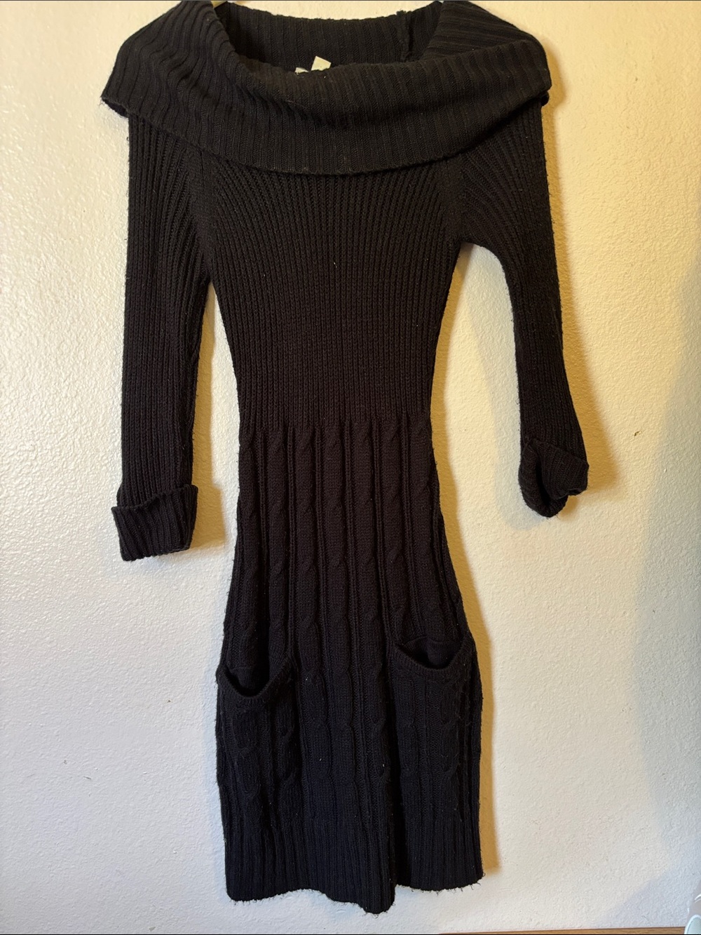 Pink Rose Black Cable Knit Cowl Neck Sweater Dress with Pockets